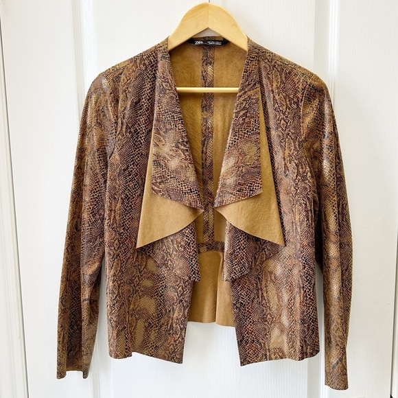 Zara Brown Snake Print Faux Suede Blazer Jacket Open Waterfall Collar Small - Picture 4 of 16
